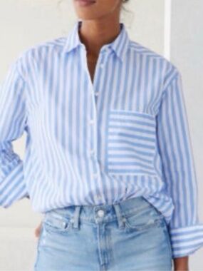 AYR The Deep End Button Down Striped Shirt Size L Large Blue White Casual Pocket